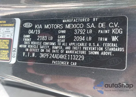 2019 Kia Forte Fe/Lx/Lxs z USA, uszkodzony, nr VIN 3KPF24AD4KE113229